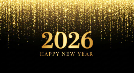 Elegant banner for the New Year 2026. New Year's 2026 banner with shimmering gold particles on a black background. Golden inscription Happy New Year 2026 See Less