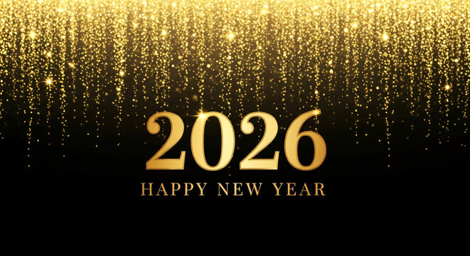 Elegant banner for the New Year 2026. New Year's 2026 banner with shimmering gold particles on a black background. Golden inscription Happy New Year 2026 See Less