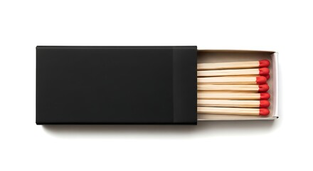 Open Black Matchbox with Wooden Matches on White Background image photo