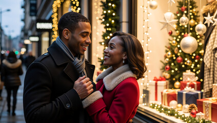 Happy couple enjoying a romantic date on a city street. Man and woman smiling during Christmas holiday shopping with festive lights in the background
