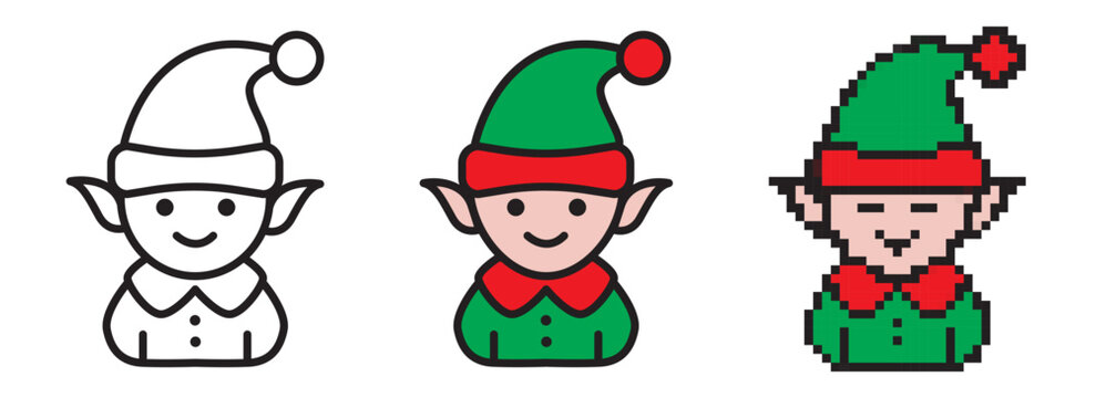 Festive elf icon set with editable stroke, colorful style and retro pixel art
