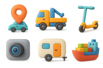 Colorful cartoon icon set with vehicles and objects for creative design projects