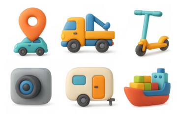 Colorful cartoon icon set with vehicles and objects for creative design projects
