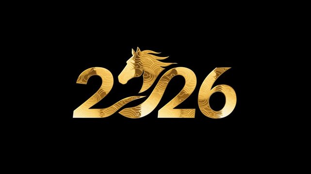 
Design for the 2026 Lunar New Year featuring a horse head combined with numerical elements, with golden flowing light loop and an alpha channel.