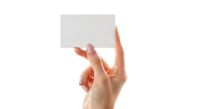 Woman's Hand with Pink Nail Polish Holding a Blank White Business Card Isolated on White Background female