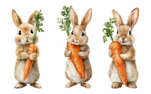 Watercolor set of rabbits with carrots. Cute rabbits holding carrots at full height. Fluffy gray rabbits for spring and Easter designs. Easter symbols. Vector illustration.