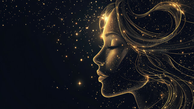 Virgo Zodiac Constellation Minimal Line Art, Thin Golden Lines on Dark Background, Modern Astrology Concept, Copy Space