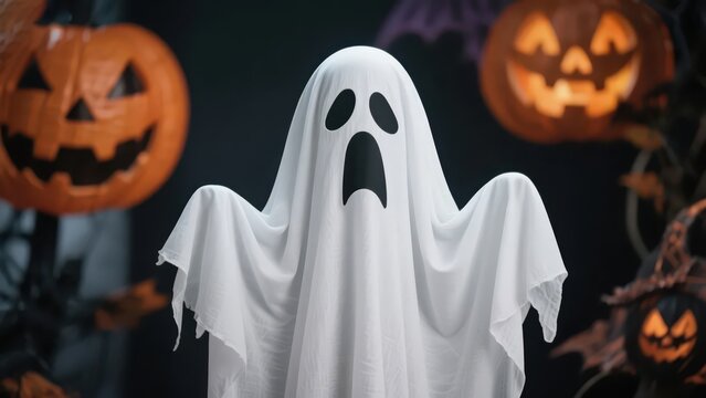 Halloween ghost decorations and jack-o'-lanterns complement each other; the white ghost shape with a dark background presents a mysterious and fun festive atmosphere. - Powered by Adobe