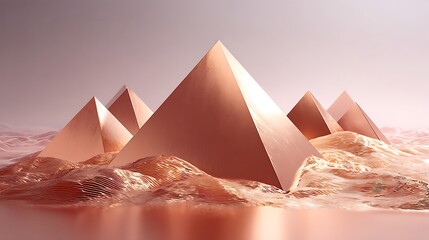 Metallic rose gold pyramids on smooth gradient floor with diffused glow light