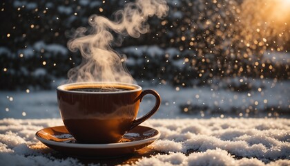 Steaming coffee cup winter sunrise, cozy atmosphere, fresh snow, golden sunlight, warm beverage inviting relaxation and comfort outdoors.