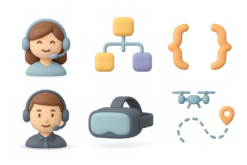 Futuristic technology icon set featuring virtual reality, drones, and communication for digital design