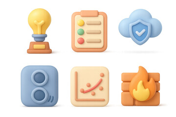 Simple 3d icon collection featuring lightbulb, checklist, cloud security, audio, analytics, and firewall
