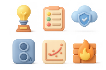 Simple 3d icon collection featuring lightbulb, checklist, cloud security, audio, analytics, and firewall