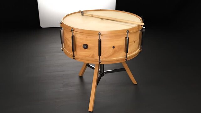 A wooden drum on a wooden stand. Drumsticks lie across the drum head.  Black and white backgrounds