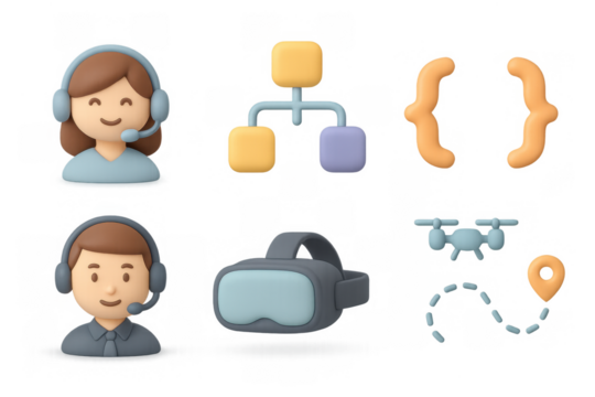 Futuristic technology icon set featuring virtual reality, drones, and communication for digital design