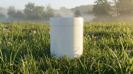 White blank cylindrical product container standing in dewy morning meadow with green grass and colorful wildflowers.