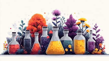 Bottles of colorful liquids and plants in a laboratory setting.