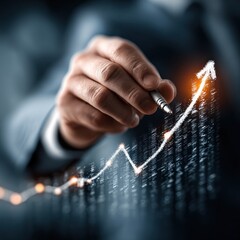 Business Hand Drawing Growth Chart with Pen and Glowing Arrow.