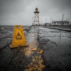 Caution Cone on Wet Pier Leading to Lighthouse on Overcast Day.