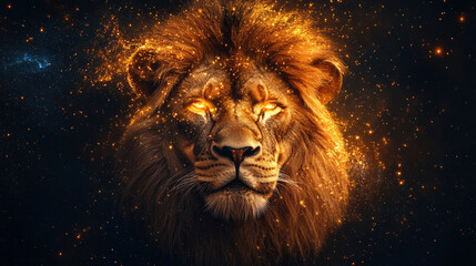 Naklejka premium Leo zodiac sign illustrated in golden glowing style with majestic lion head, surrounded by stars and constellations on dark cosmic background, mystical astrology design with copy space for text