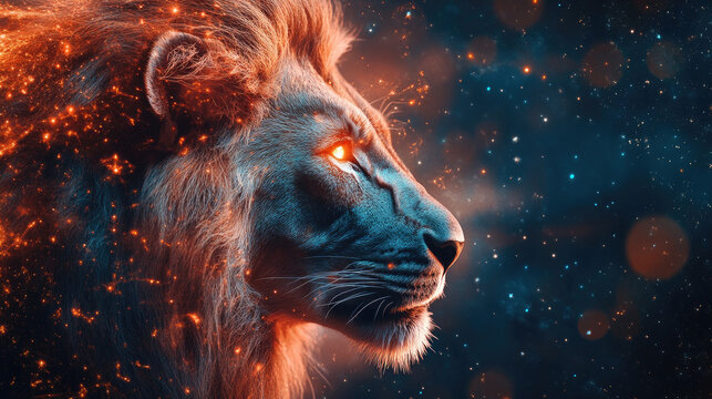 Leo zodiac sign represented by the majestic male lion symbol with constellation illustration, astrological horoscope background in blue cosmic design, mystical atmosphere with copy space for text