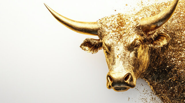Golden bull head sculpture, facing forward, representing the astrological sign Taurus, showcasing its traditional symbolism on a textured off-white background with rustic marks