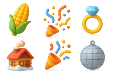 Fototapeta premium Vibrant icon set featuring corn, wedding ring, party confetti, cottage, and disco ball for digital designs