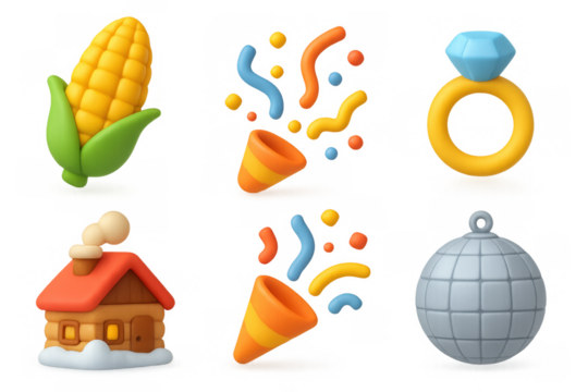 Vibrant icon set featuring corn, wedding ring, party confetti, cottage, and disco ball for digital designs - Powered by Adobe