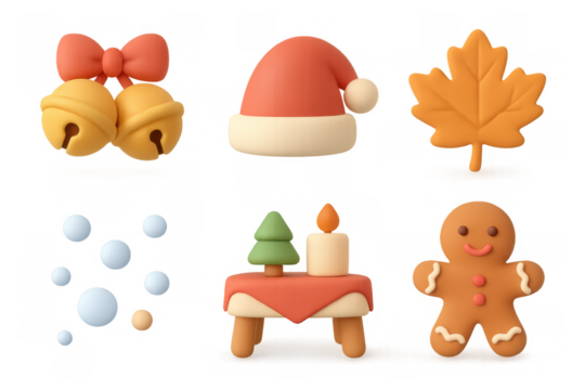 Festive icon collection with christmas bells, santa hat, autumn leaf, snowflakes, candle table, and gingerbread