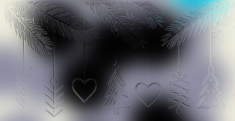Elegant Gray, Black, and White Blurred Background with Hanging Embossed Geometric Christmas Ornaments and Pine Branches, Minimalist Winter Template for Corporate Greetings and Icy Themes