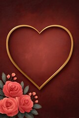 A red background with a gold heart and three red roses
