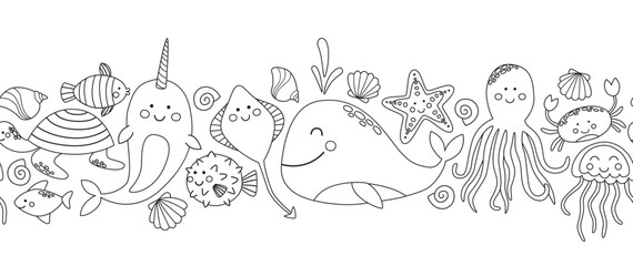 Seamless border with sea creatures and shells in doodle style. Horizontal pattern with ocean characters 
