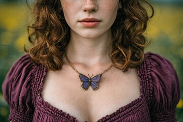A woman wearing a purple dress with a butterfly necklace
