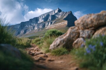 A mountain range with a rocky path leading to it