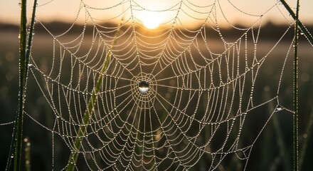 Dewdrops adorn spiderweb in golden sunrise light