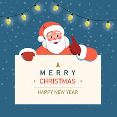 Santa Claus peeking from Greeting Card. Holiday Merry Christmas and Happy New Year. Vector flat illustration
