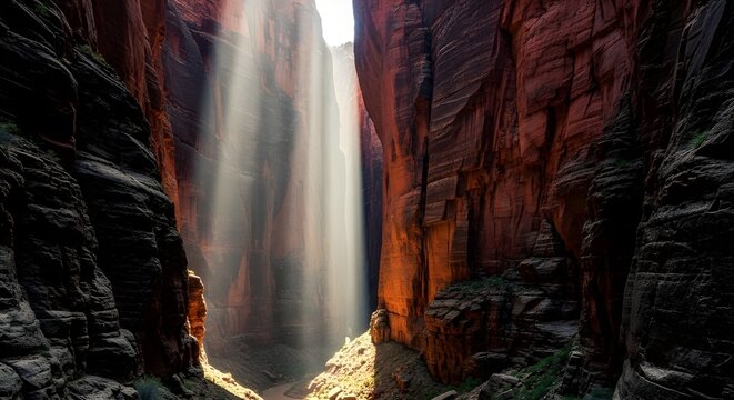Sunlight piercing through a narrow canyon gorge