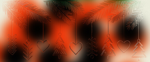 Warm Red, Orange, and Black Abstract Blurred Background with Hanging Embossed Geometric Christmas Ornaments, High-Energy Template for Festive Sales, Valentine's Day, and Party Invitations