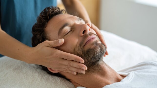 Relaxed Caucasian man enjoying a soothing facial massage in a tranquil spa setting.
