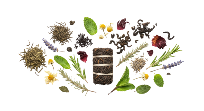 Dried Herbs and Spices Tea Bundle Arrangement Lavender Rosemary Mint on White Background