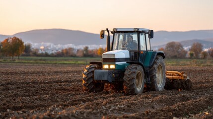 Obraz premium A blue and white tractor plowing a field during sunset, with mountains in the background, creating a serene farming atmosphere.