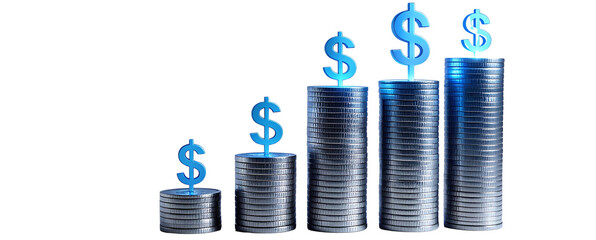 Dynamic Perspective Silver Coin Towers with Illuminated Blue Dollar Markings, Financial Growth Theme, Transparent Background