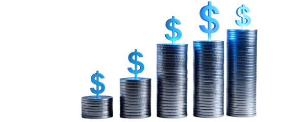 Dynamic Perspective Silver Coin Towers with Illuminated Blue Dollar Markings, Financial Growth Theme, Transparent Background
