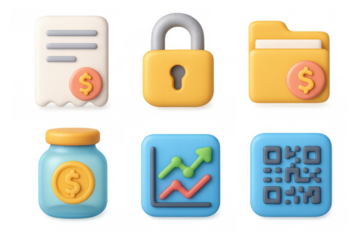 Financial icon set with lock, receipt, folder, jar, graph, and qr code for digital use