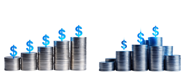 Dynamic Perspective Silver Coin Towers with Illuminated Blue Dollar Markings, Financial Growth Theme, Transparent Background png