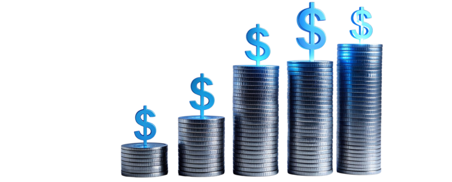 Dynamic Perspective Silver Coin Towers with Illuminated Blue Dollar Markings, Financial Growth Theme, Transparent Background