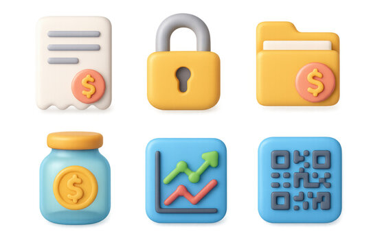 Financial icon set with lock, receipt, folder, jar, graph, and qr code for digital use - Powered by Adobe