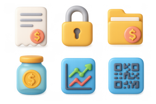Financial icon set with lock, receipt, folder, jar, graph, and qr code for digital use