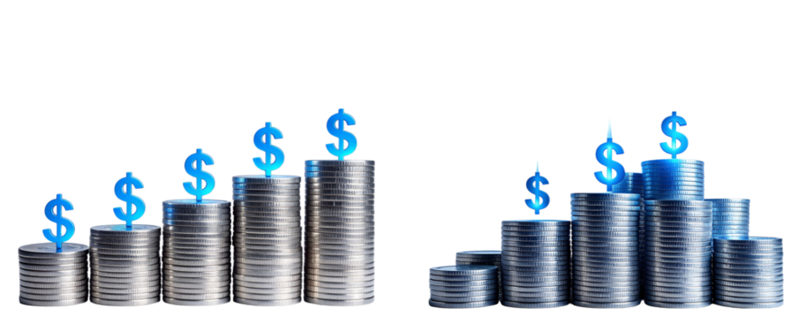 Dynamic Perspective Silver Coin Towers with Illuminated Blue Dollar Markings, Financial Growth Theme, Transparent Background png - Powered by Adobe