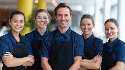 A diverse team of smiling staff members in a modern cafe, showcasing camaraderie and professionalism.